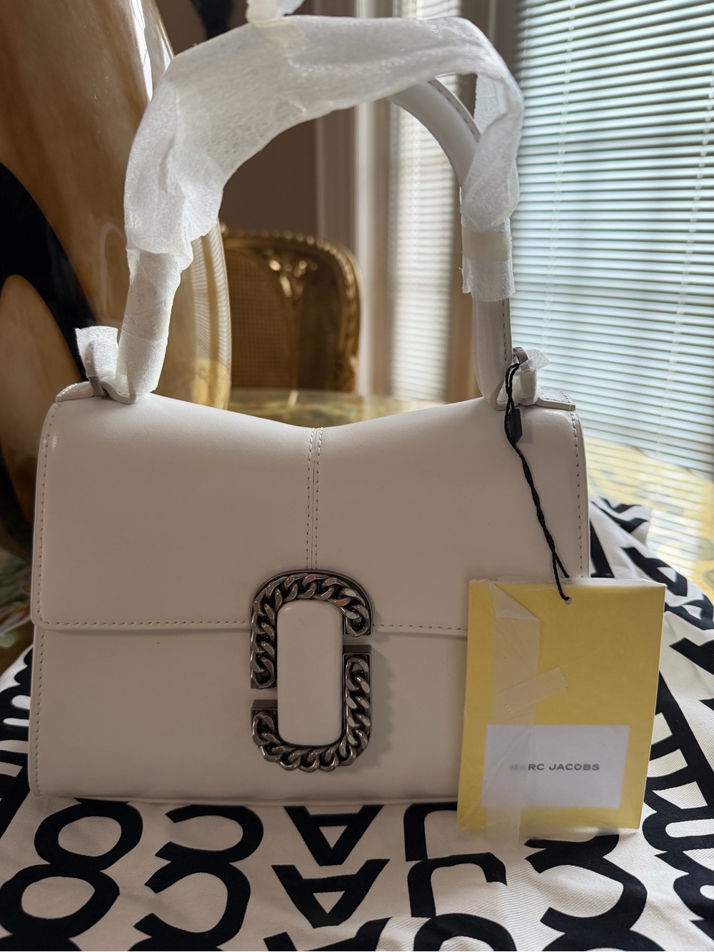 Marc Jacobs Cream Leather Top-Handle Satchel with Silver Chain Logo
